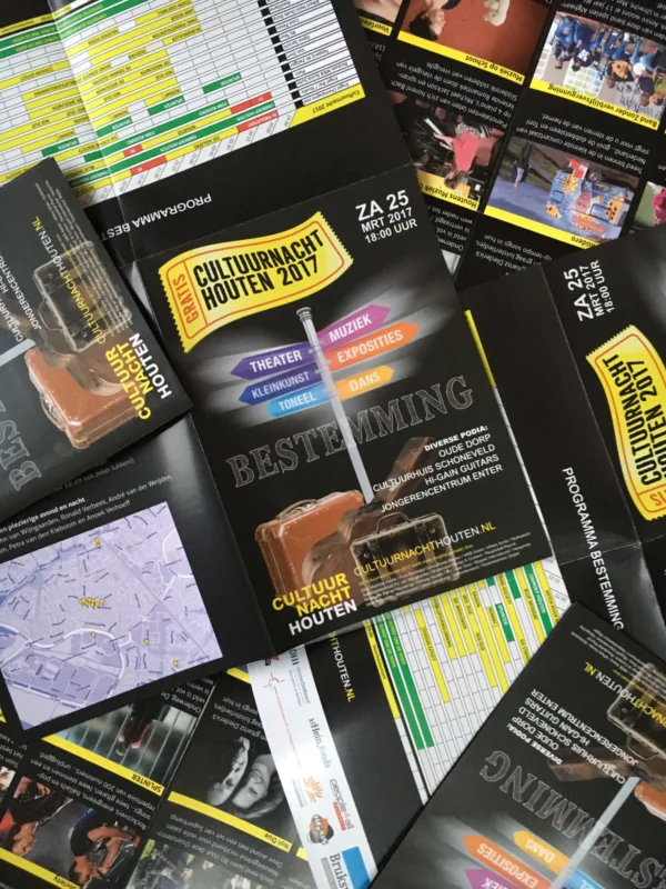 Collage van flyers, Cultuurnacht Houten 2017